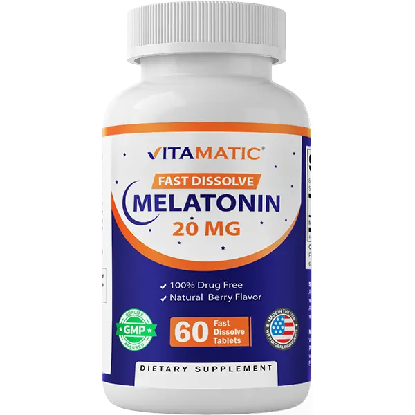 Vitamatic Melatonin 20 mg Vitamin Supplement for Adults - 60 Fast Dissolve Natural Berry Flavor Tablets, Gluten-Free, Non-GMO, Made in the USA, 24-Month Shelf Life