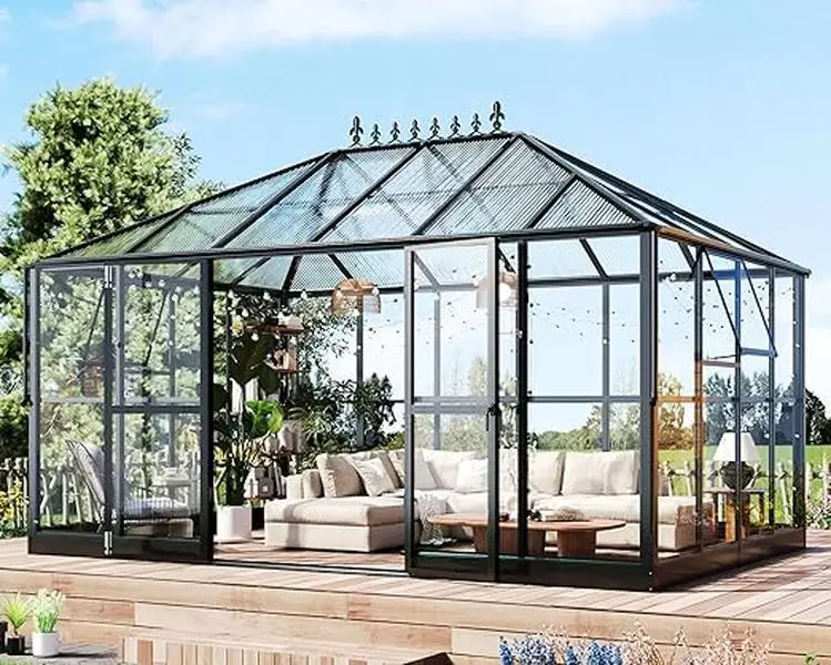 Amerlife Pavilion Styled Greenhouse with Clear Panels Double Swing Doors,  Wall Height Hybrid Polycarbonate Greenhouse, Green Houses for Outdoors, Sunroom