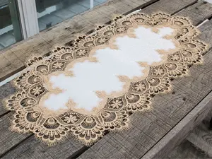 Linens Art And Things - Gold European Lace and Antique Jacquard Fabric Table Runner (14" x 27" | 16" x 35"/44"/54" 14"x70")