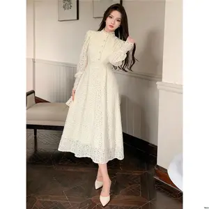 Spring Dress Midi Long Collar Solid Elegant DAZY Color Lace Stand Sleeve For Wedding Guest