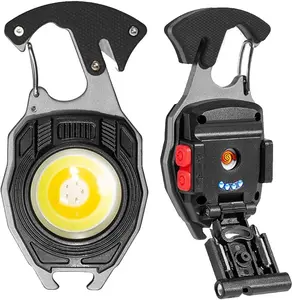 Keychain work lamp / Keychain flashlight - 7 lighting modes,  COB multi-functional mini work lamp, with accessories such as lighter, whistle, hiking tools, etc.