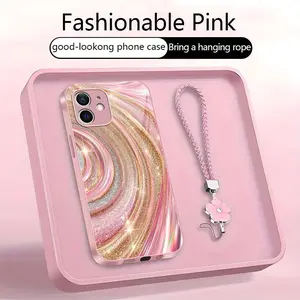 Aesthetic glitter swirl case for iPhone 12 mini with cute flower wrist strap, luxury marble design for girls and women, TikTok viral case — 975