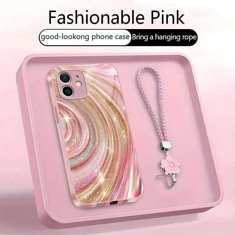 Aesthetic glitter swirl case for iPhone 12 mini with cute flower wrist strap, luxury marble design for girls and women, TikTok viral case — 975