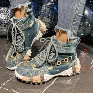 [Rhinestone High-Top Sneakers] Stylish Women's High-Top Sneakers with Sparkling Rhinestone Accents | Lace-Up, Breathable Fabric Upper & Cushioned Insole Handcrafted Details | Perfect Gift for Women, Trendy Footwear, Fashionconscious Buyers