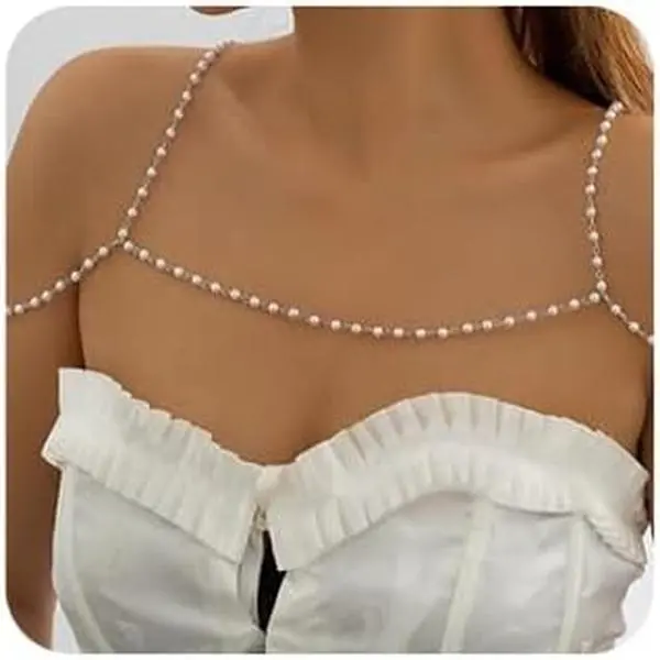 Boho Sexy Pearls Shiny Bra Statement Body Chain Dainty Body Jewelry Layered Bikini Shoulder Chain Wedding Party Nightclub Body Accessories for Women Bride