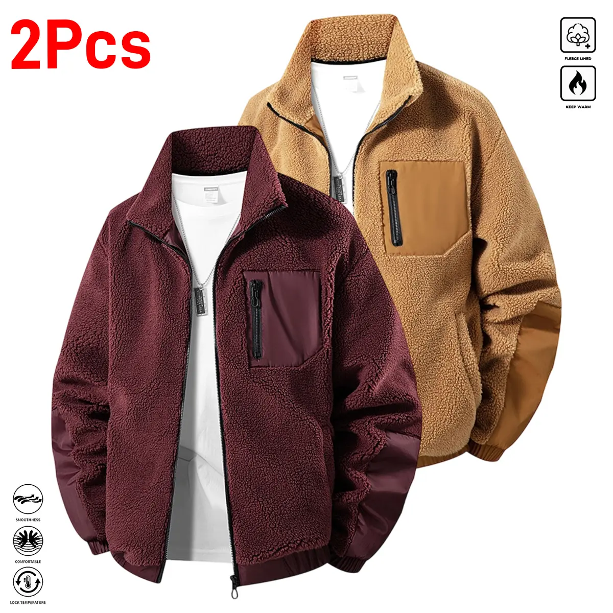 2Pcs Men's -Lined Jacket for Autumn/Winter, Thickened Warm Padded Coat, Casual Sporty Pilot Jacket with Zipper Patchwork on Front Chest Pockets, 100% Polyester Fiber , Outdoor Windproof Multi-Pocket Topwear, Stylish Winter