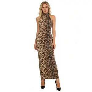 Women's Leopard Print Sequin Halter Neck Bodycon Bandage Maxi Dress, Sleeveless Formal Evening Gown