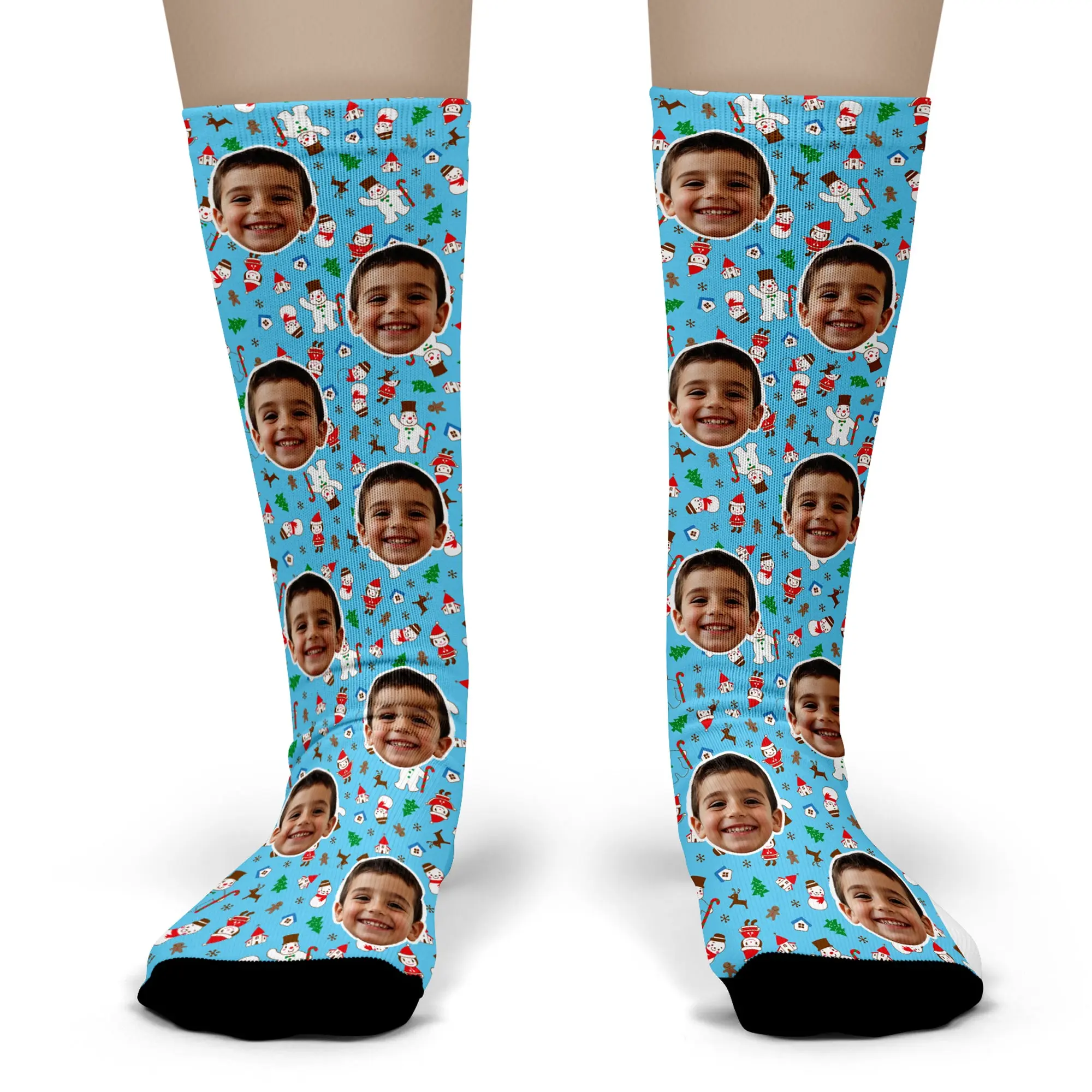 Custom Christmas Socks – Personalized Face Photo Gift with Snowman & Elf Design