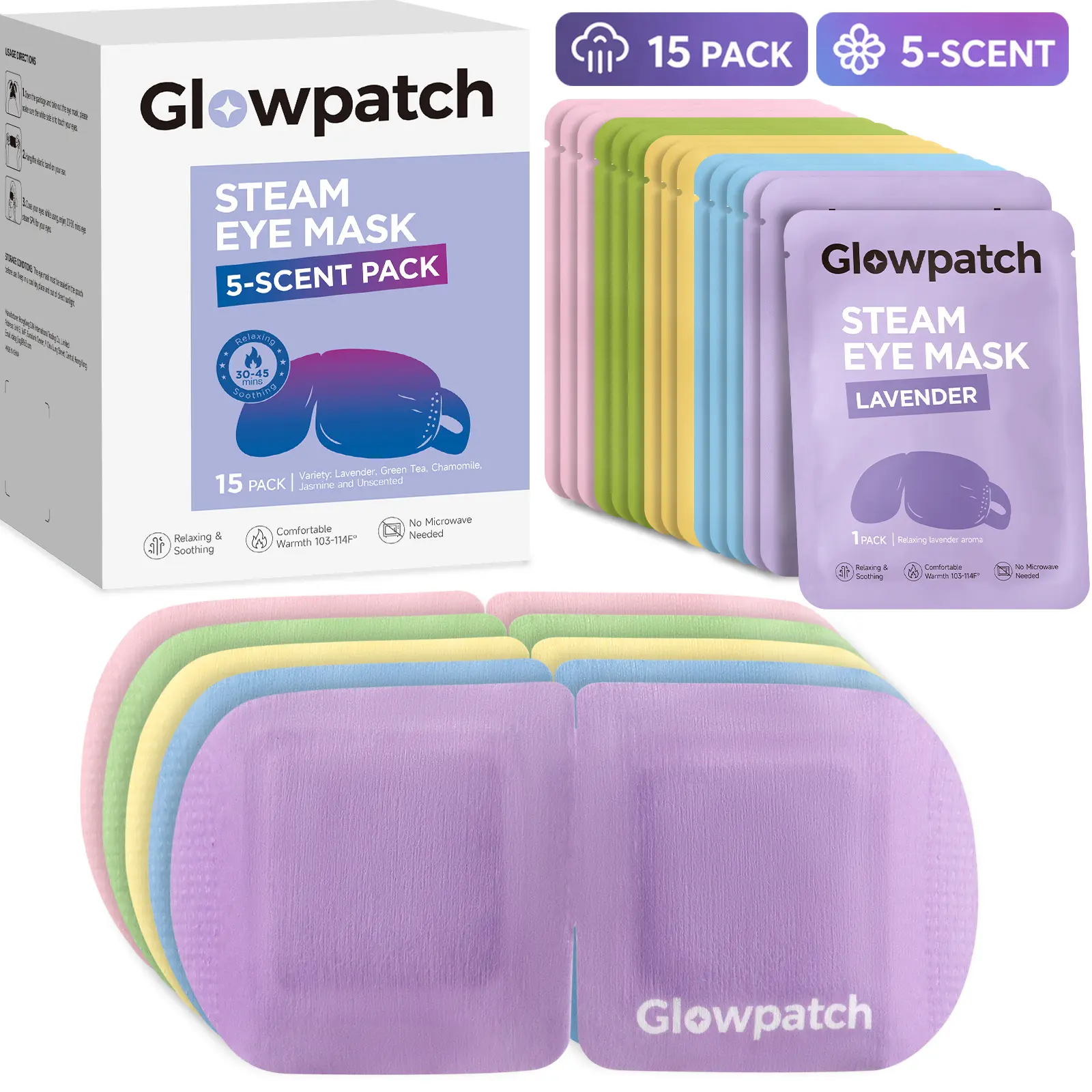 Glowpatch 15 Packs Steam Eye Mask, Heated Eye Mask for Dry Eyes, Self Heating Warm Compress, Disposable Travel Essentials & Relaxation Set, Father Day Gift, #DealsForYouDays (Variety)