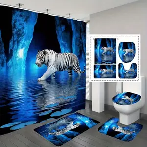 1/4pcs Blue Cave Tiger Pattern Bathroom Decor Set, including, toilet seat cover, rectangular bathroom mat, and U-shaped mat. Perfect for decorating your bathroom and beautifying your space. Comes with 12 shower curtain hooks. Shower Curtain Sets
