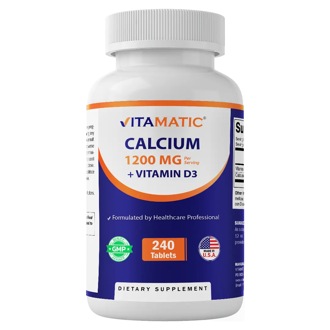 Vitamatic Calcium Carbonate 1200mg with Vitamin D3 2000 IU (50mcg) Tablet - Bone Health, Immunity Support - 240 High Absorption, Non-GMO, Gluten-Free Tablets