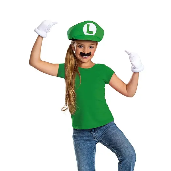 HalloweenCostumes Kid's Super Mario Classic Luigi Elevated Accessory Kit, Unisex Polyester Cosplay Cartoon Set with Elastic Band