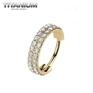 Titanium Double Lined Diamond Nose Hoop 20 Gauge 7mm Hinged Clicker Style Gold Clear Hypoallergenic Jewelry