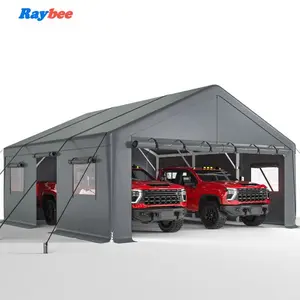 Raybee 2 Cars Carport 20x20 Metal Carport Heavy Duty, Extra Large Car Port with Roll-Up Windows & Doors, Portable Garage Car Shelter