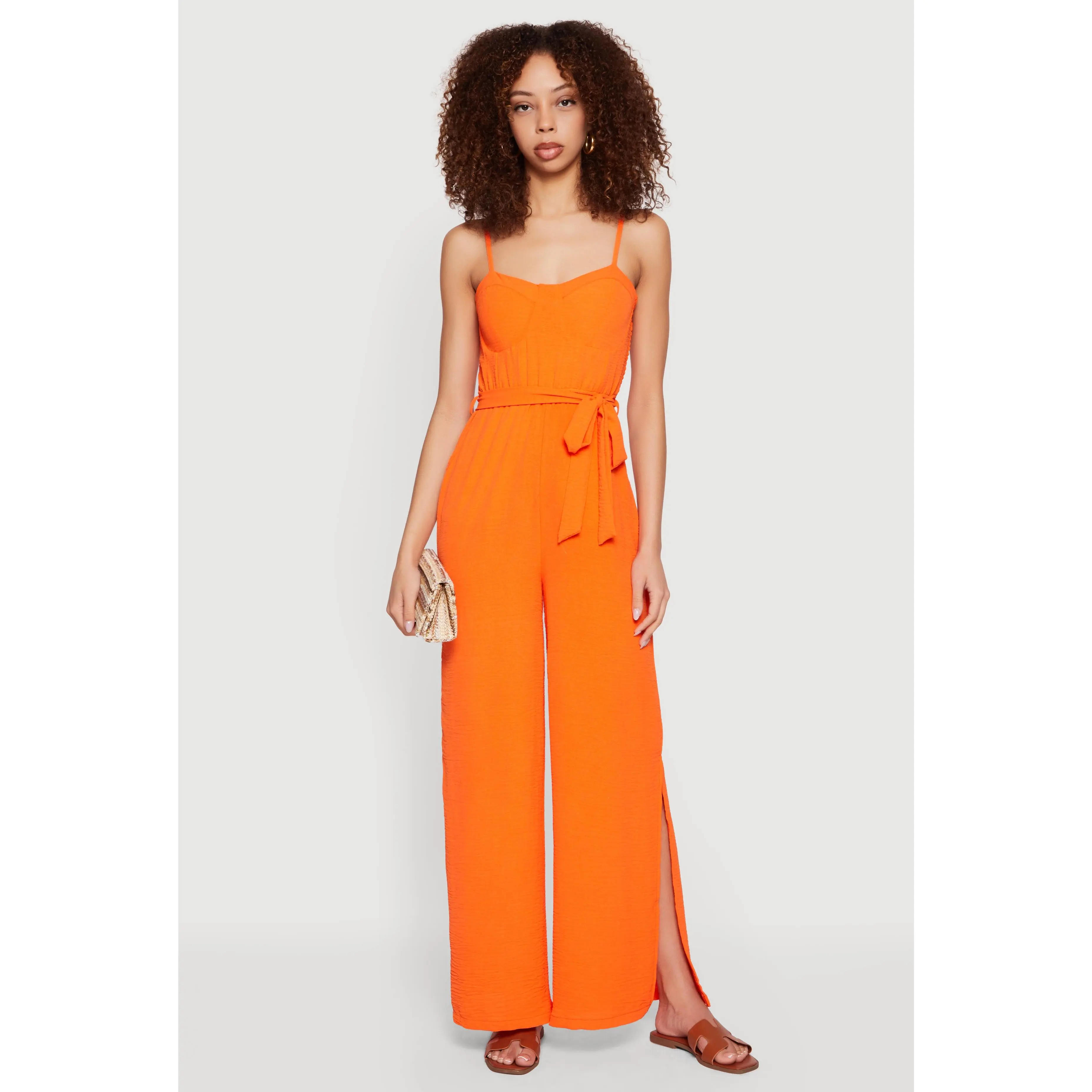 Crepe Knit Tie Waist Belted Side Slit Bustier Jumpsuit