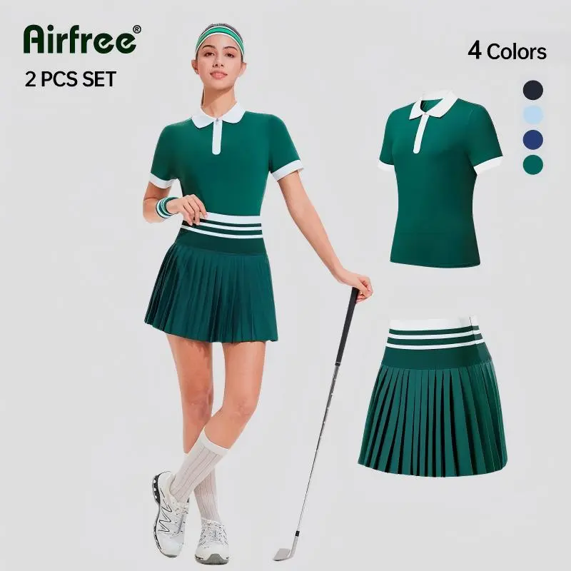 Women's Athletic Gear 2-Piece Set, Colorblock Nylon Short/Long Sleeve Polo & High-Waisted Zipper Fly Tennis Skirt for Golf, Everyday Activewear