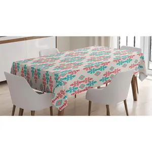 Ethnic Tablecloth, Traditional Local Design Elements, Rectangular Table Cover for Dining Room Kitchen Decor, 52" X 70", Coral Turquoise White