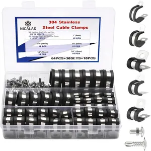 134 PCS Cable Clamps Assortment Kit and Stainless Steel Screws,304 Stainless Steel Rubber Cushioned Insulated Wire P Clamps 5 Sizes:1/4" 3/8" 1/2" 3/4" 1"