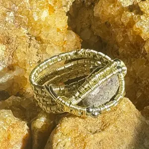 Handcrafted Wire Wrapped Three Banded Natural Yellow and Purple Fluorite Beaded Ring with Unique Design