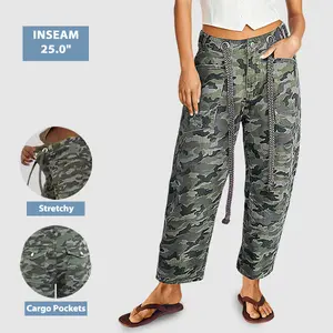 Flamingals Camo Print Eyelet Drawstring Mid Rise Barrel Leg Pants - High Stretch Fabric, Adjustable Fit, 25.0" Inseam, Machine Washable