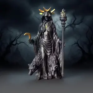 Resin Dark Mystery Goddess Statue, Twin Wolves Companion, Intricate Details, Home Decor Collection, Halloween Gift, Casual Style