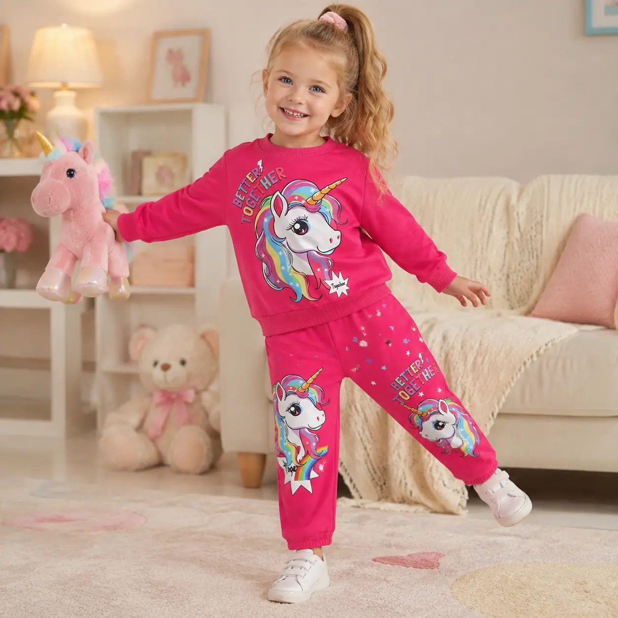 Girls 2-Piece Rainbow Unicorn Outfit Set, Vibrant Hot Pink Sweatshirt & Joggers with "Better Together" Graphic, Cozy Fleece Sweatsuit for Kids 4-7 Years, Cute Magical Tracksuit for Little Girls