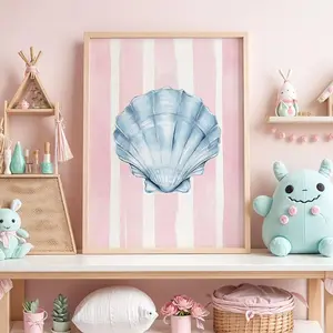 Seashell Wall Art - Coastal Beach Print, Pink Striped Ocean Decor, Nautical Poster, Pastel Beach House Art |Frameless Poster J