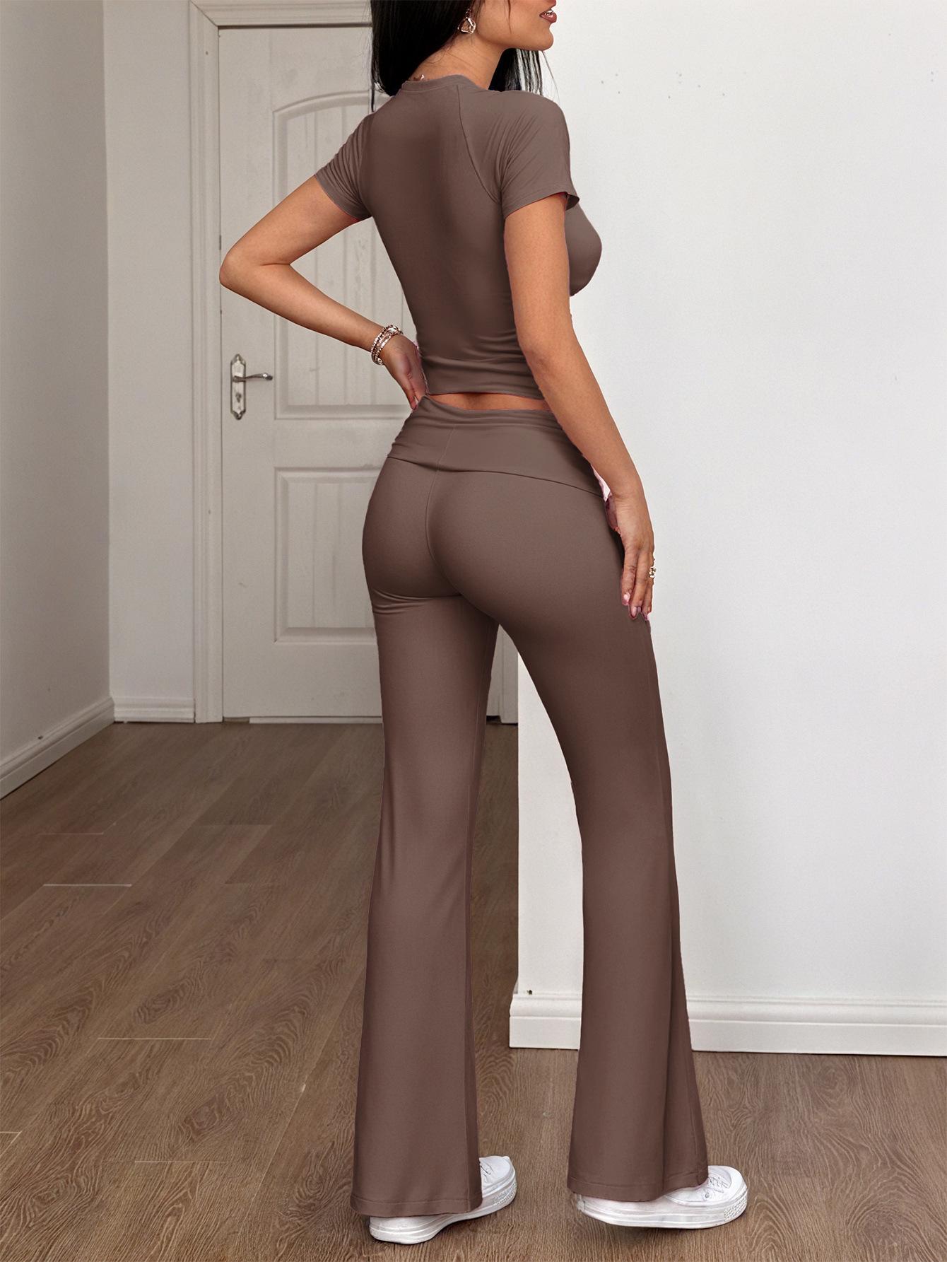 Short Sleeve Wide Leg Long Pants Two-Piece Set for Women