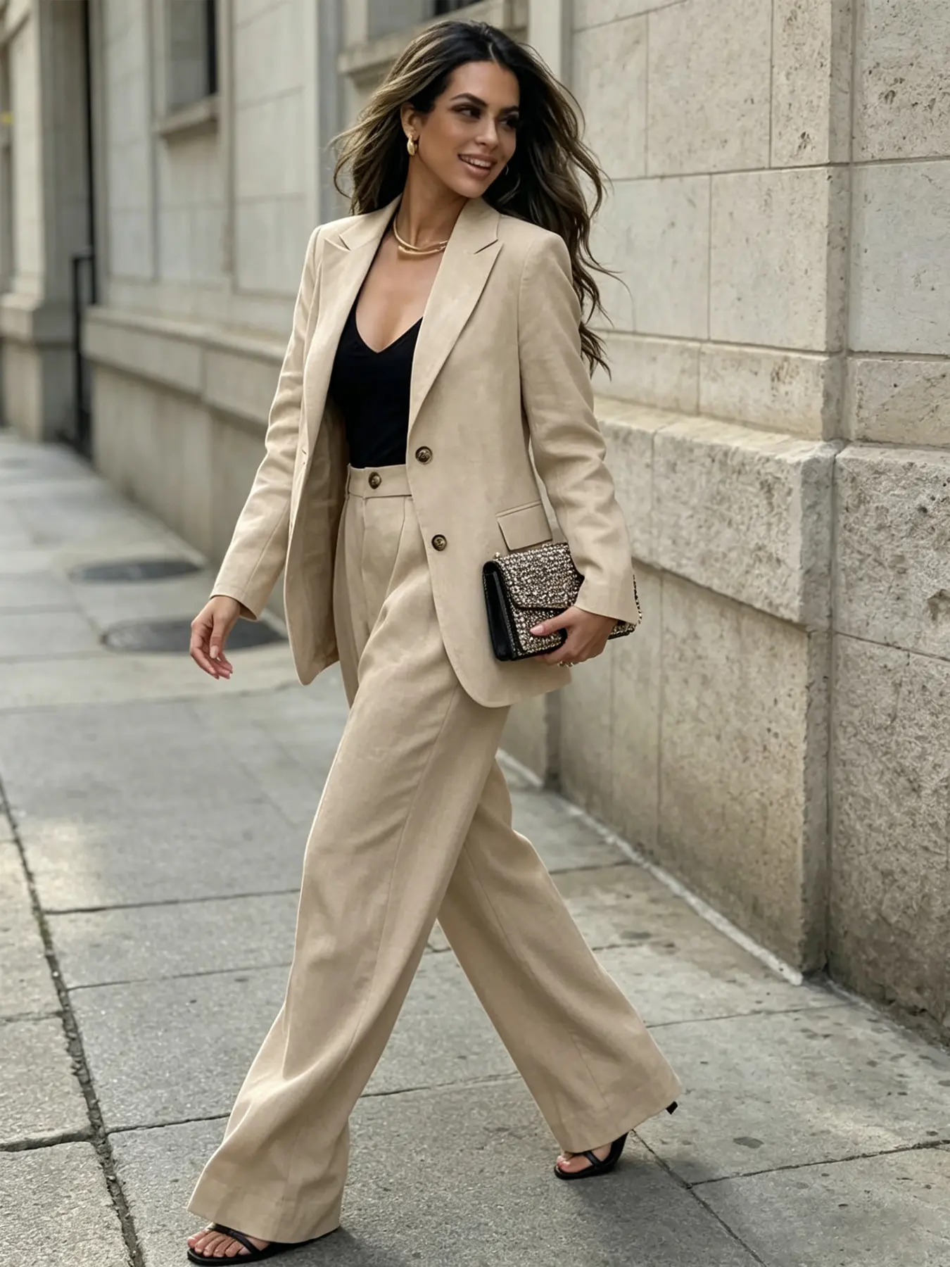 Two piece Blazer Pant Set, Pantsuit, women's Korean style commuting suit with single-breasted, flip collar and Fitted, Elegant commuting wide leg pants, suitable for all seasons, vacations, indoor and outdoor wear, Womenswear