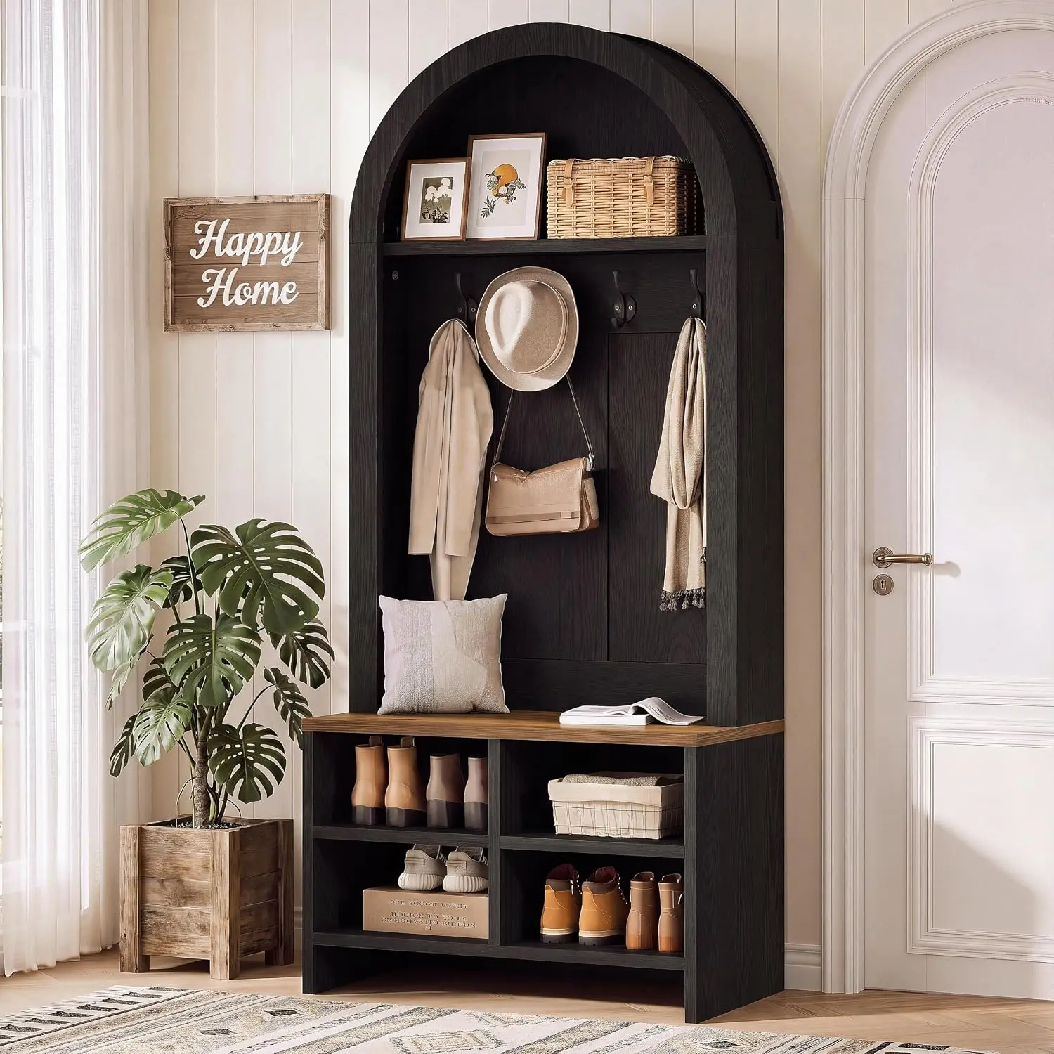 Tribesigns Arched Hall Tree with Bench and Shoe Storage, 70.87" H Tall Coat Rack with Shoe Bench, 4-in-1 Entryway Coat Rack with 4 Hooks & Storage Cubbies for Mudroom, Hallway, Bedroom, Homeessentials