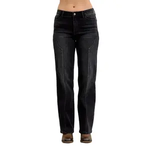 Judy Blue Mid Rise Straight Western Seam Detail Jeans in Black