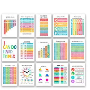 Math Classroom 15 Poster Pack - Gradeschool Kindergarten Math Counting Clock Posters - 12 x 18 Inch Bold Cool Easy To Read Mathematics Posters For Children And Kids - Colorful Classroom Decor - PPACK0003