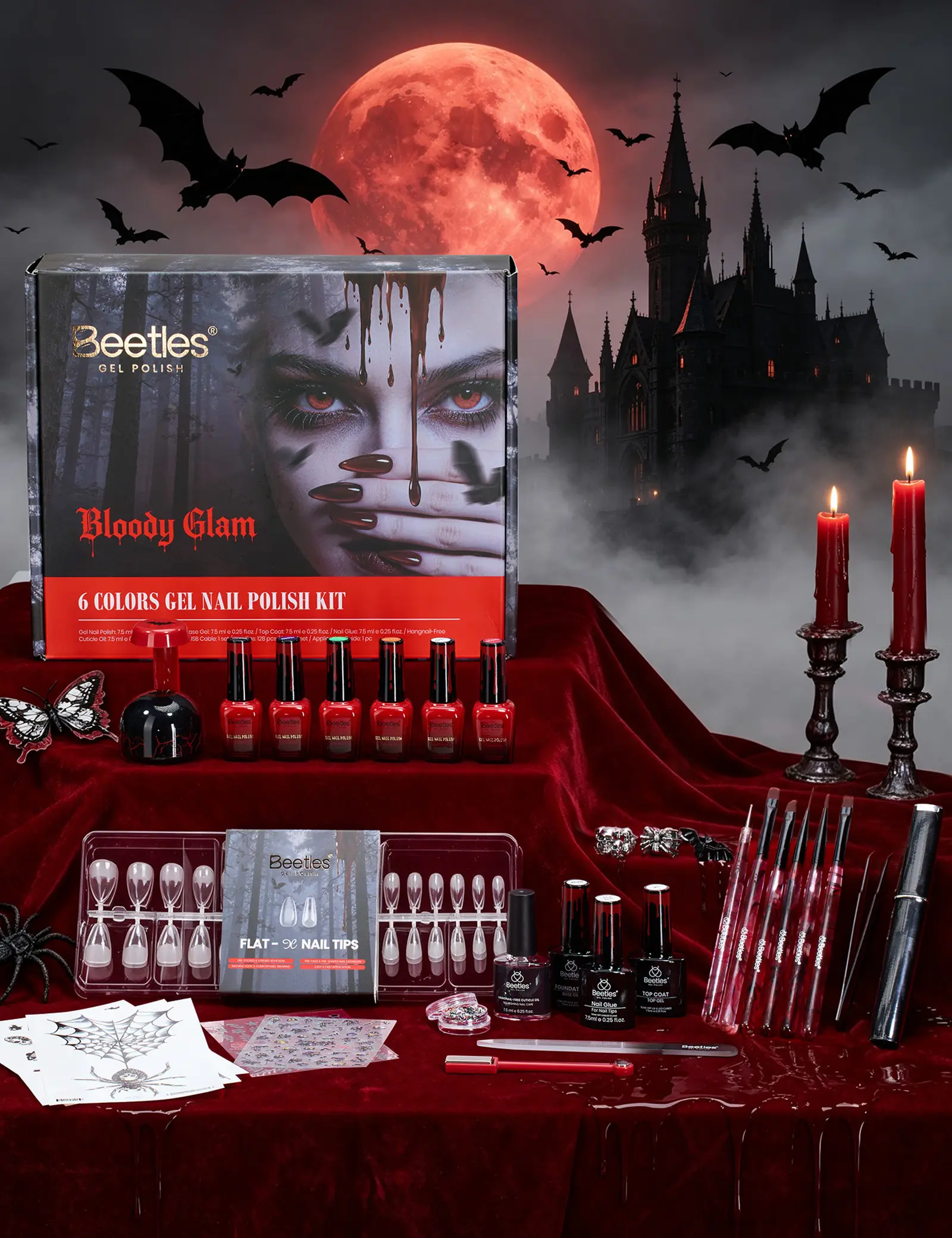 Beetles Halloween Box Gel Nail Polish Kit with Mini UV Light | 6 Colors Bloody Glam Gel Polish Kit with Nail Tips Gothic Design Stickers Rings, Ideal for Halloween Party Gifts