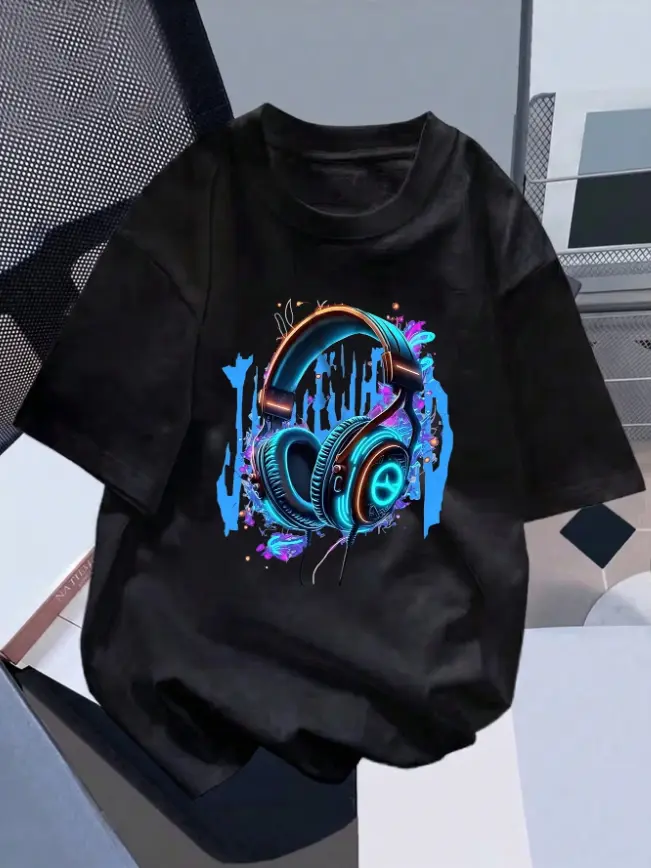 Neon Cyber Headphones Graphic Unisex Tee Street Stroll Music Festival Summer Cotton Short Sleeve Gaming Music Print Heat Transfer Tshirt