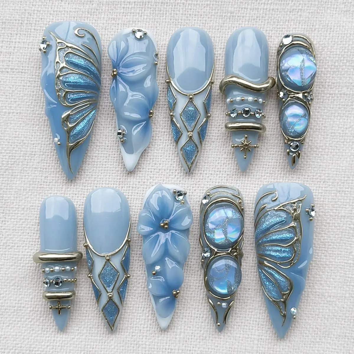 Y2K Butterfly Press On Nails, 3D Princess Chrome Nail Art, Luxury Bangle Statement Nails, Blue Cyber Nails, Party Nail Designs