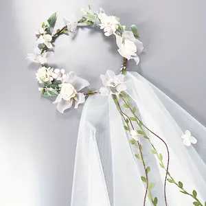 1pc Flower Headband With Double Layer Veil Wreath Head Piece Bridal Wedding Hair Accessories  Bride Floral