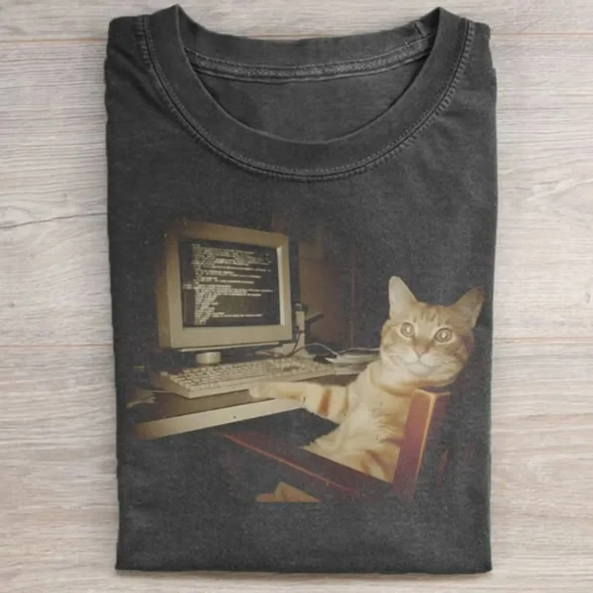 Funny Corporate Cat Working at Computer Vintage T-Shirt, Overworked Office Cat Meme Graphic Tee, Funny Animal Tee, Funny Shirt, Meme Cringe Funny Dumb Shirts, Unisex Shirt Menswear Womenswear Streetwear Cotton Comfort