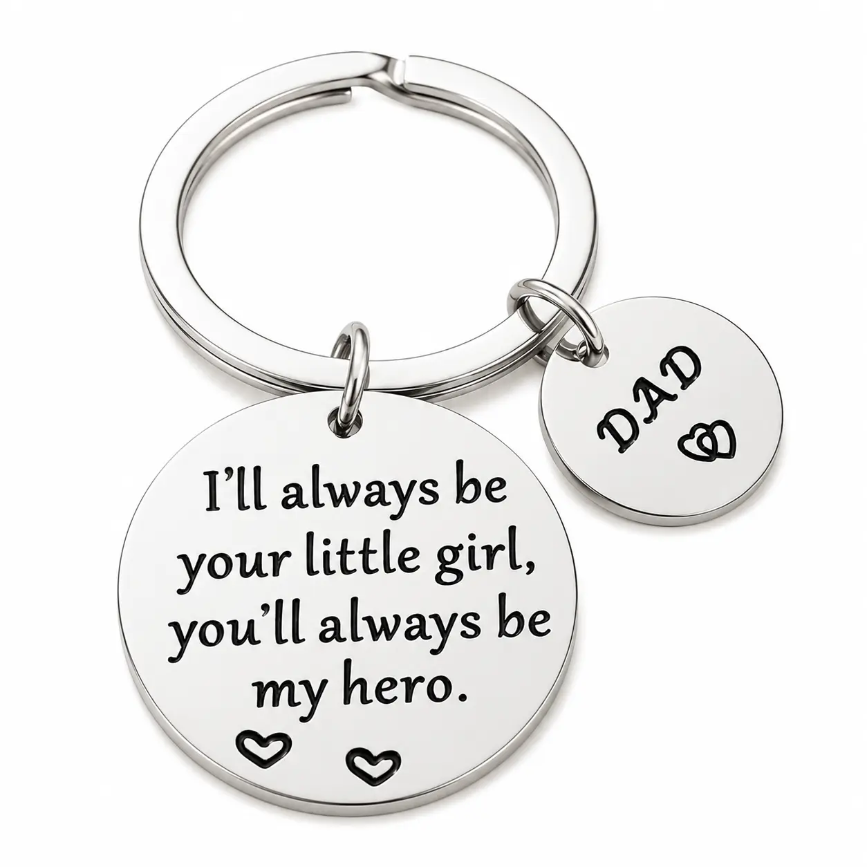 Dad Daughter Engraved Keychain, Stainless Steel Round Charm, Father's Day Birthday Gift from Daughter