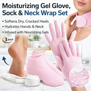 3 Pack Silicone Gel Gloves Socks & Neck Mask – Moisturizing Set for Dry Cracked Heels, Hands, Neck Wrinkles
