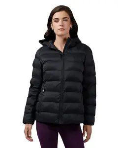 32º DEGREES Women's Lightweight Recycled Poly-Fill Packable Hooded Jacket | Zippered Pockets | Water Repellent, Black, XX-Large