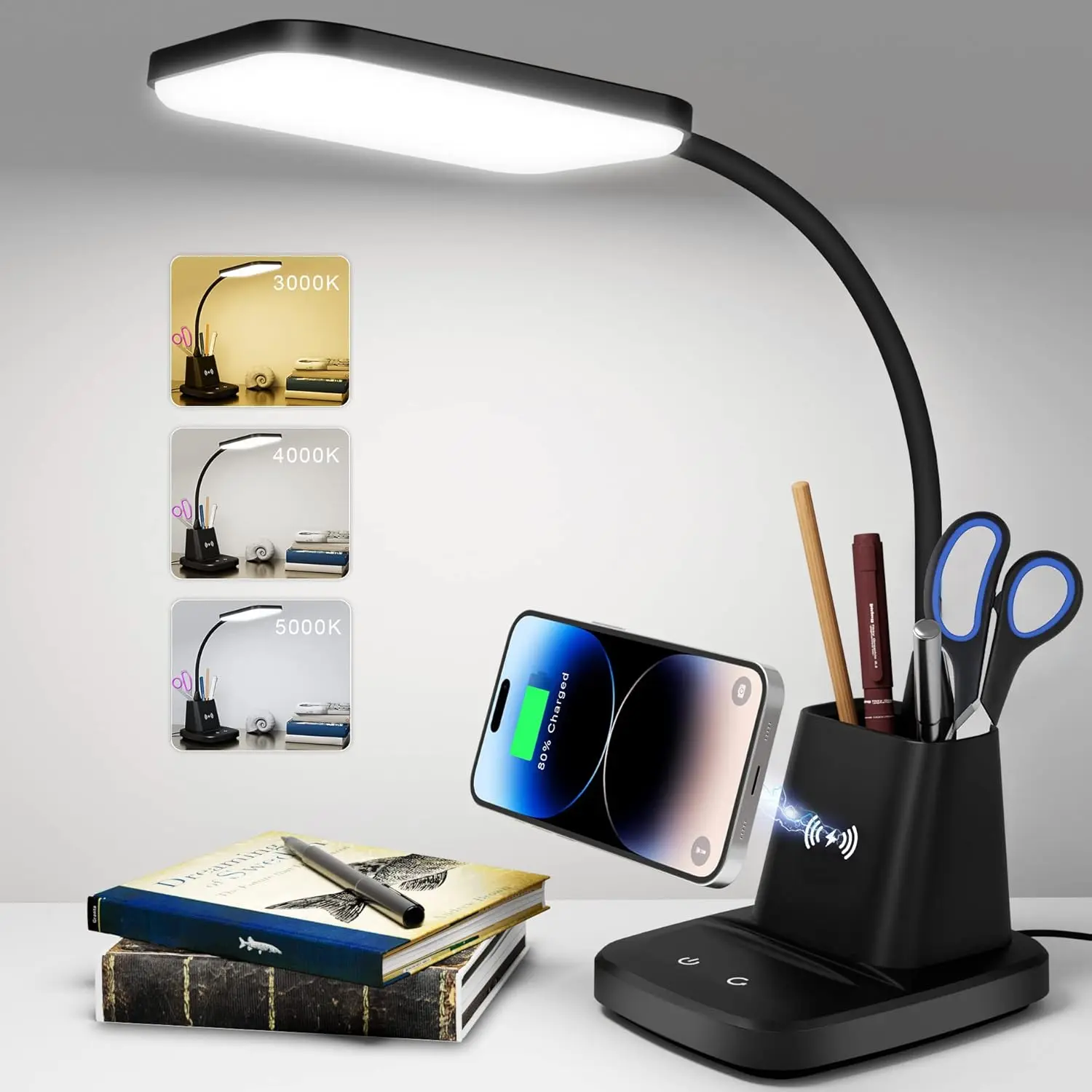 Black LED Desk Lamp with Wireless Charger & Pen Holder - 3 Color Modes, Dimmable, CRI 85, 800LM, Adapter Included - Home Office/College Dorm Room Study Lamp