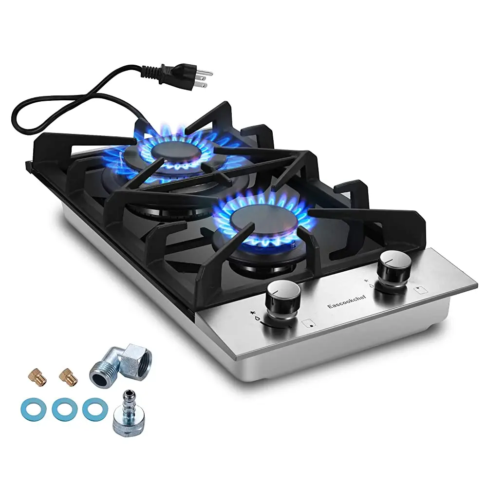 12 Inch Compact Gas Cooktop 2 Burner Convertible Fuel Built-In Black Glass RV Apartment Outdoor Hob Quick Install Heater Surface Dual Fuel Gas Powered Gas Stove