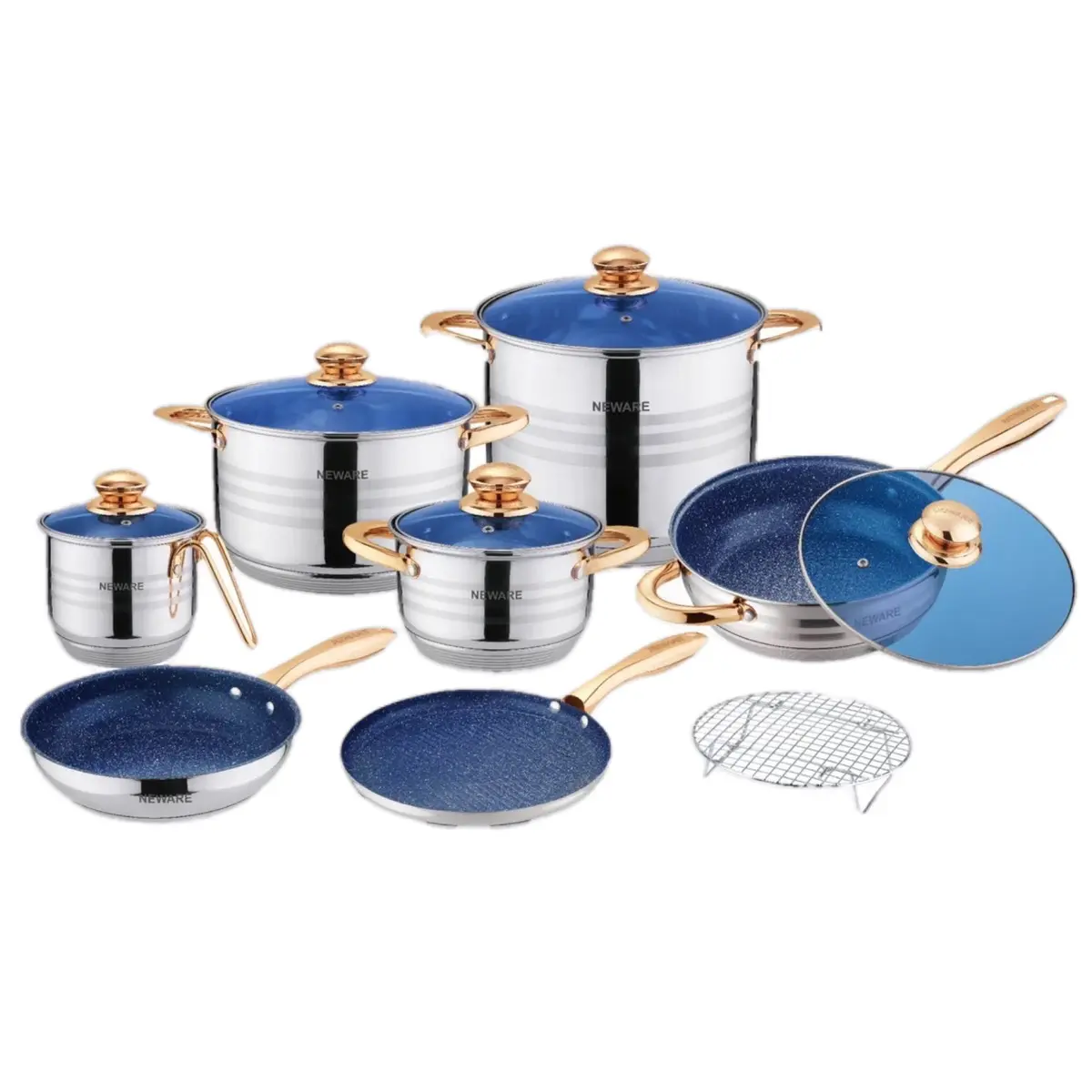 13 Piece Rose Gold Stainless Steel Cookware set/ Batería de Acero Inoxidable de 13 piezas con color oro rosado Glass Induction