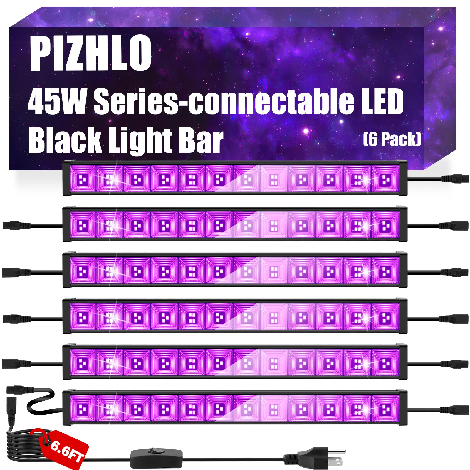 PIZHLO 6-Pack 45W Series-Connectable 385-400nm LED Blacklight Bars, Indoor Neon-Look Halloween Decorations with 6.6ft AC Power Cord+Switch, 26x26ft Coverage for Bedrooms, Glow-in-the-Dark Uranium Glass Effect