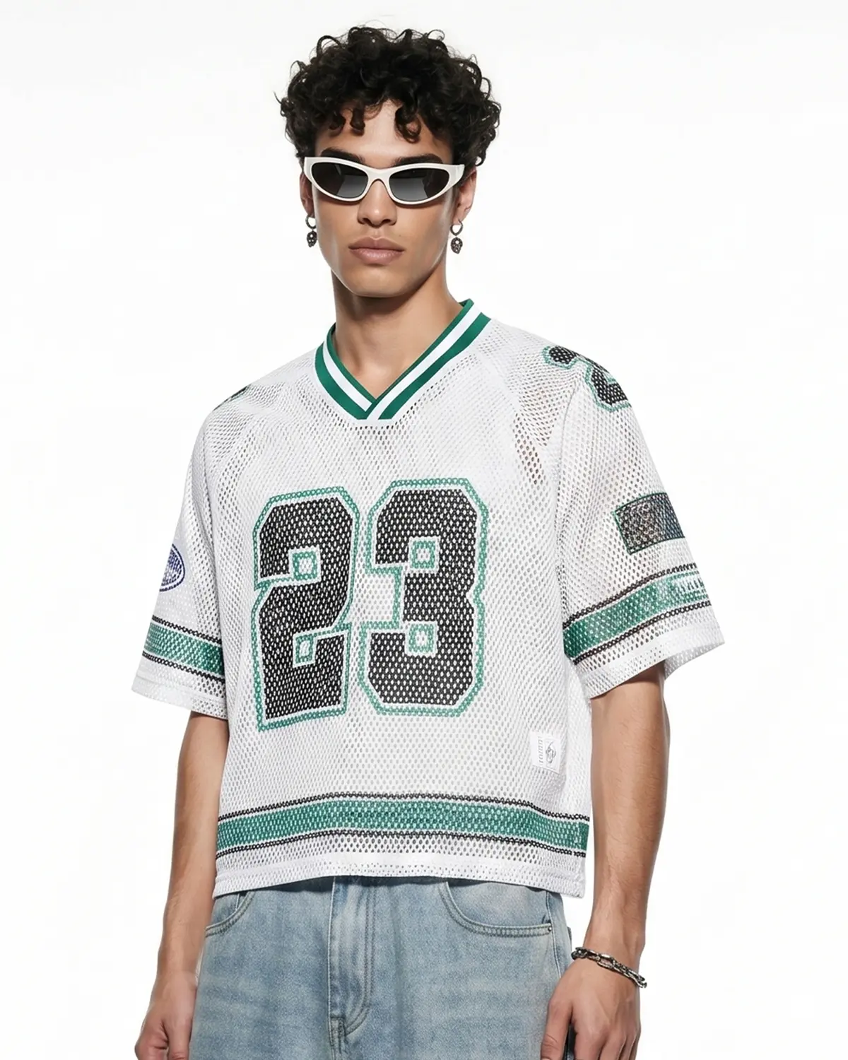 inflation Men's 23 Graphic Mesh Jersey, Casual Retro Streetwear V-Neck Top, Breathable Loose Fit Short Sleeve Cropped Style for Tropical Wear, Menswear, Fabric, T-Shirt