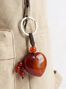 Natural Crystal Heart Keychain, Hand Woven Natural Stone Key Ring, Healing Crystal Bag Charm, Gift for Her
