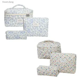 Makeup Bag 3pcs Large Quilted Cosmetic Bag Corduroy Floral Quilted Makeup Bag Portable Corduroy Zipper Toiletry Bag+Flower Travel Toiletry Organizer Bag (Two sets in total) Cotton Makeup Bag Set large capacity makeup organizer cute Cotton Cosmetic Bag