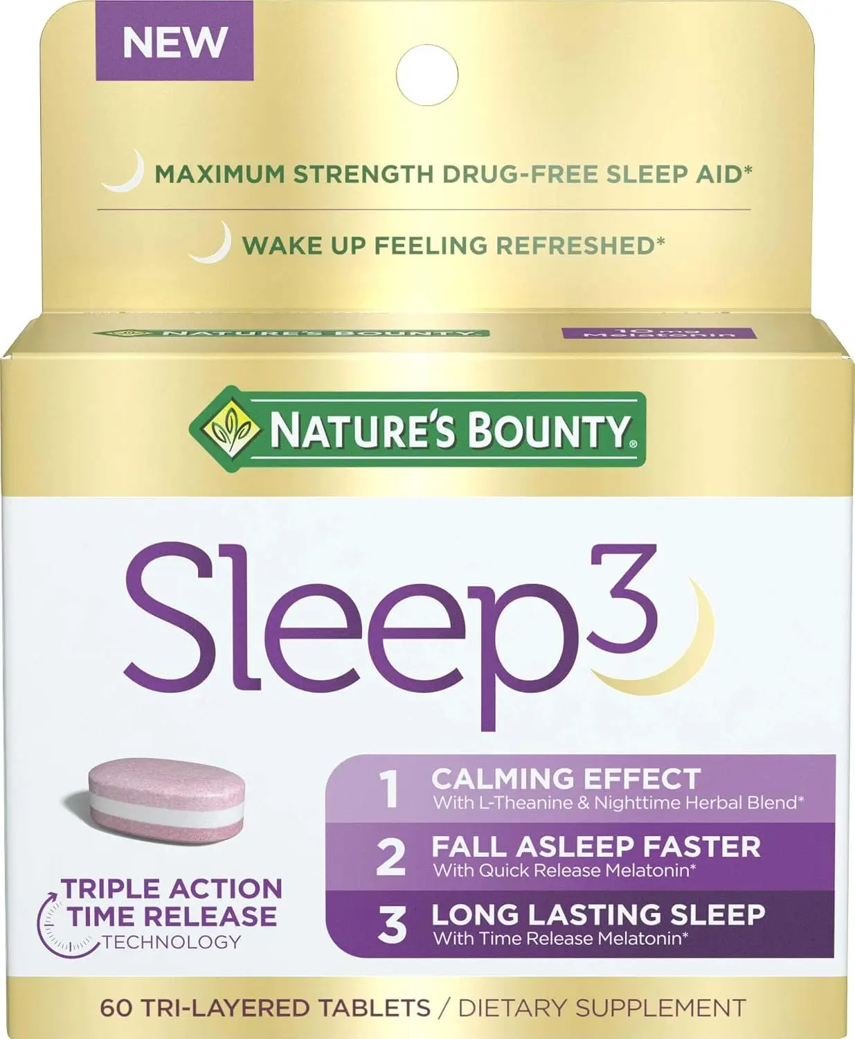 Nature's Bounty Sleep3 Melatonin 10mg, 60 Tri-Layered Tablets | Maximum Strength 100% Drug Free Sleep Aid, Dietary Supplement, L-Theanine & Nighttime Herbal Blend Time Release Technology