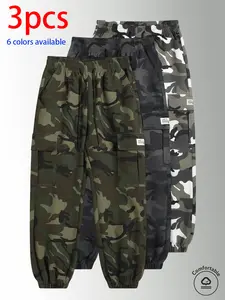 3-pack men’s long pants: men’s camouflage cargo jogger pants, loose slim fit multi-pocket casual pants with elastic drawstring design, available in multiple colors, suitable for everyday wear, holiday travel, and outdoor hiking.