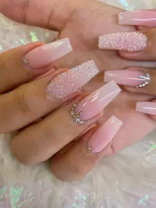 24pcs Glitter Rhinestone Press-On Nails – Long Coffin Gradient Ballet Nail Set